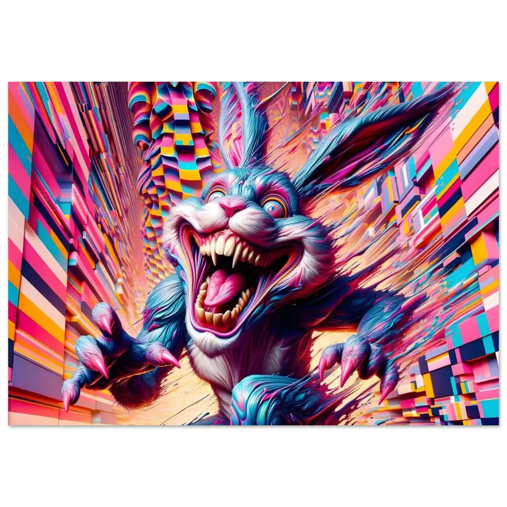 Nightmarish colorful rabbit creature displayed on Fine Art Poster Pixel Panic Psycho Cottontail Quartet PixiOnyx Glitchcore Vision
