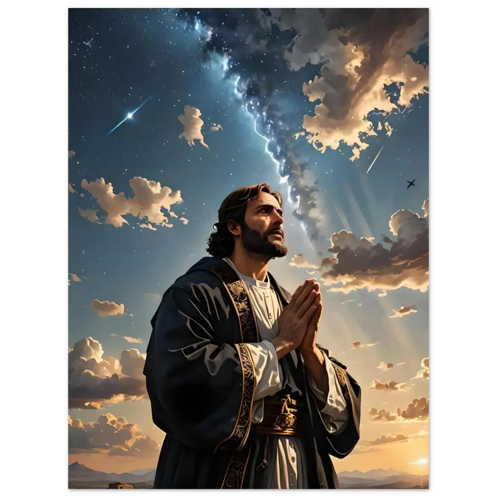 Praying man under a celestial sky for the Fine Art Poster Prayer to the Cosmos PixiOnyx