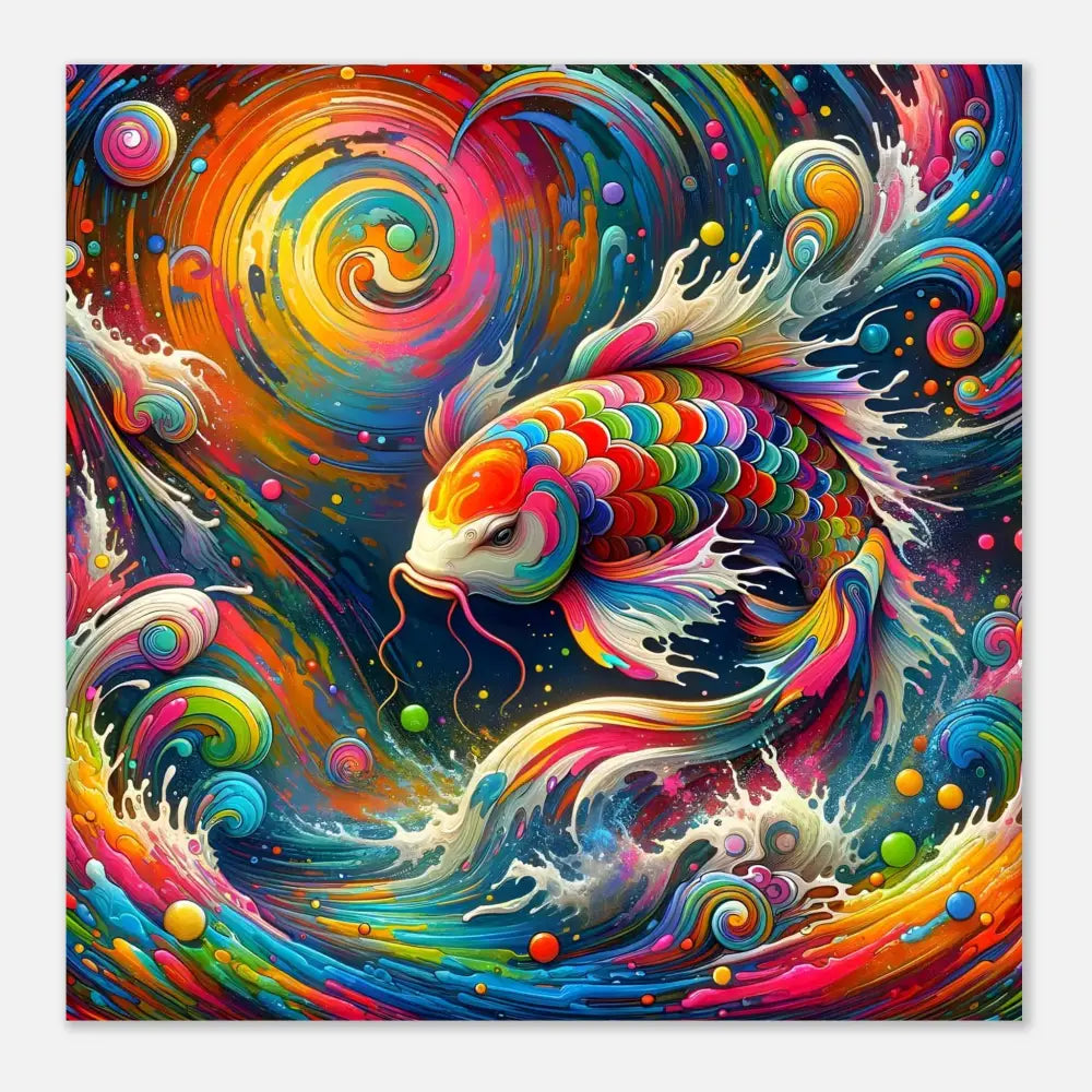 Vibrant swirling koi fish art on the Fine Art Poster Rainbow Koi by PixiOnyx Dream Current