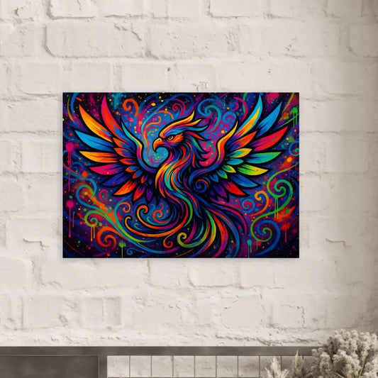 Colorful phoenix artwork on neon flame graffiti poster by PixiOnyx
