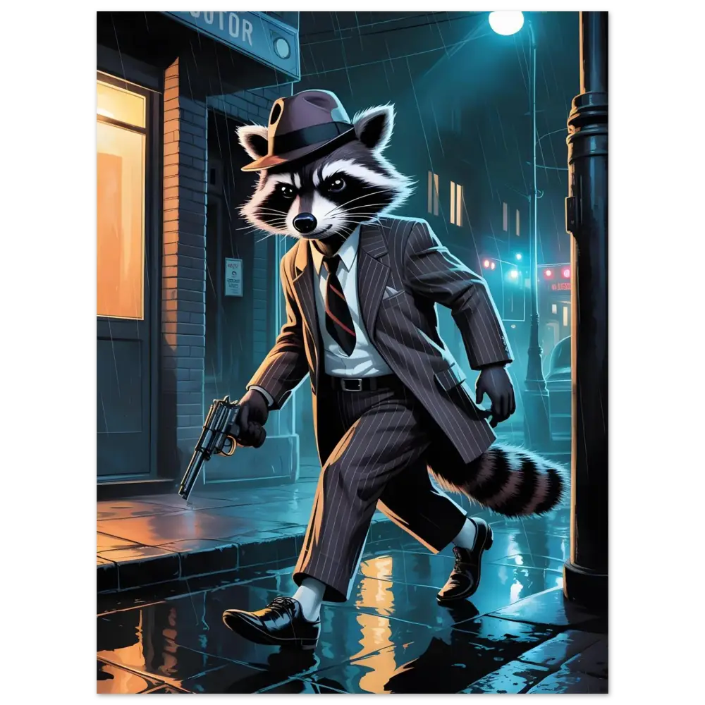 Anthropomorphic Raccoon Gangster in Noir Alley Pose for Fine Art Poster Rogue Raccoon