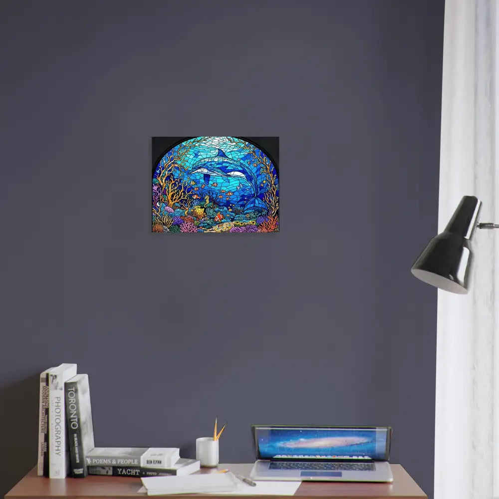 Colorful underwater dolphin artwork showcased on Fine Art Poster Sea Cathedral PixiOnyx Oceanlight Relic
