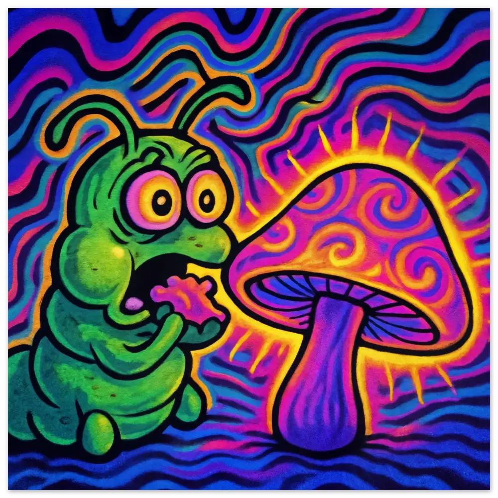Psychedelic caterpillar and mushroom art poster for vibrant PixiOnyx Wall Art display