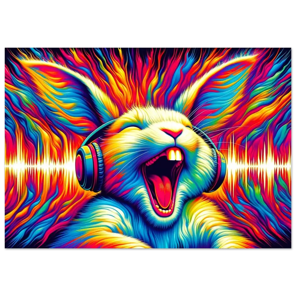 Psychedelic rabbit with headphones for Fine Art Poster Sonic Scream Psycho Cottontail Quartet