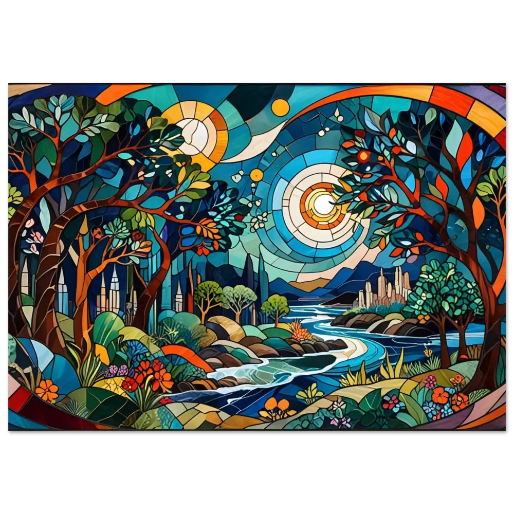 Colorful stained-glass landscape from Fine Art Poster Stained Horizon PixiOnyx collection