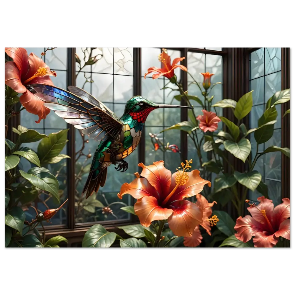 Stained glass hummingbird among hibiscus on Fine Art Poster Steampunk Hummingbird PixiOnyx