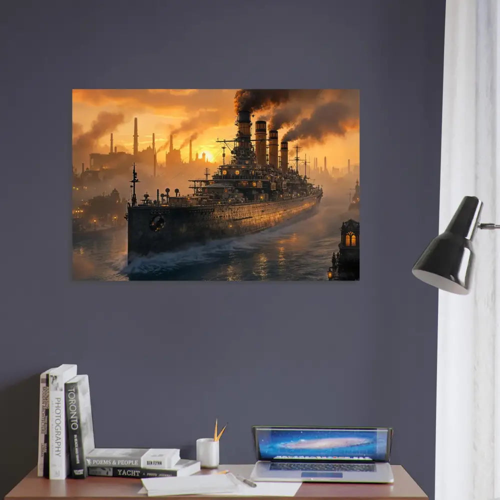 Fine art poster of a glowing steel titan battleship sailing at sunset with industrial city
