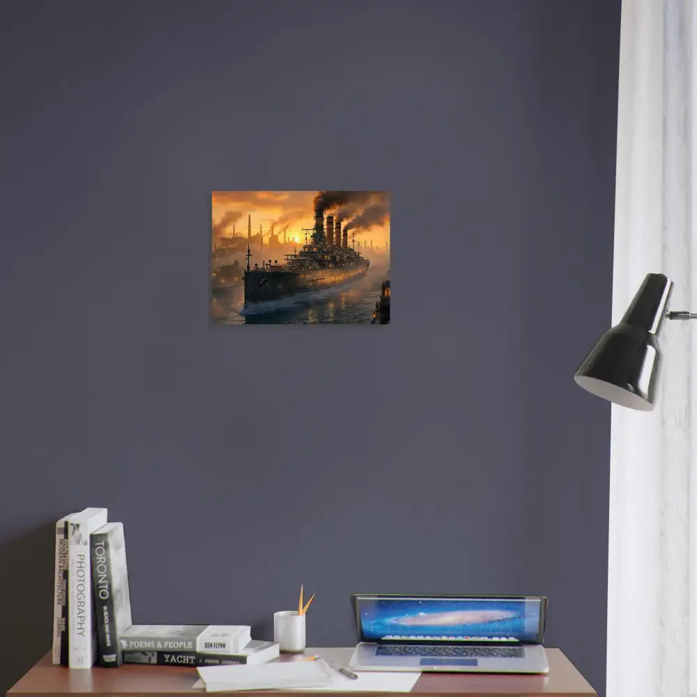 Fine art poster of a battleship at sunset showcasing the glowing steel titan sails