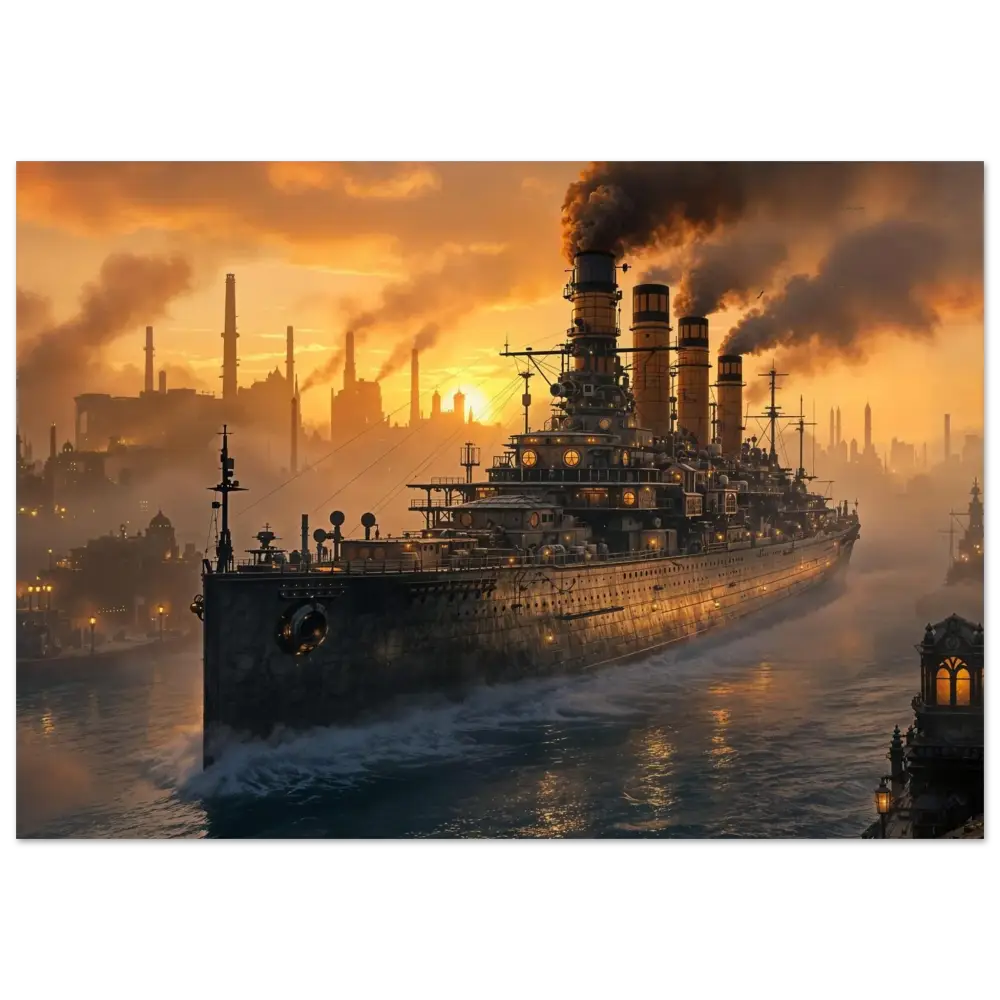 Fine art poster of glowing steel titan warship with steel titan sails at dusk