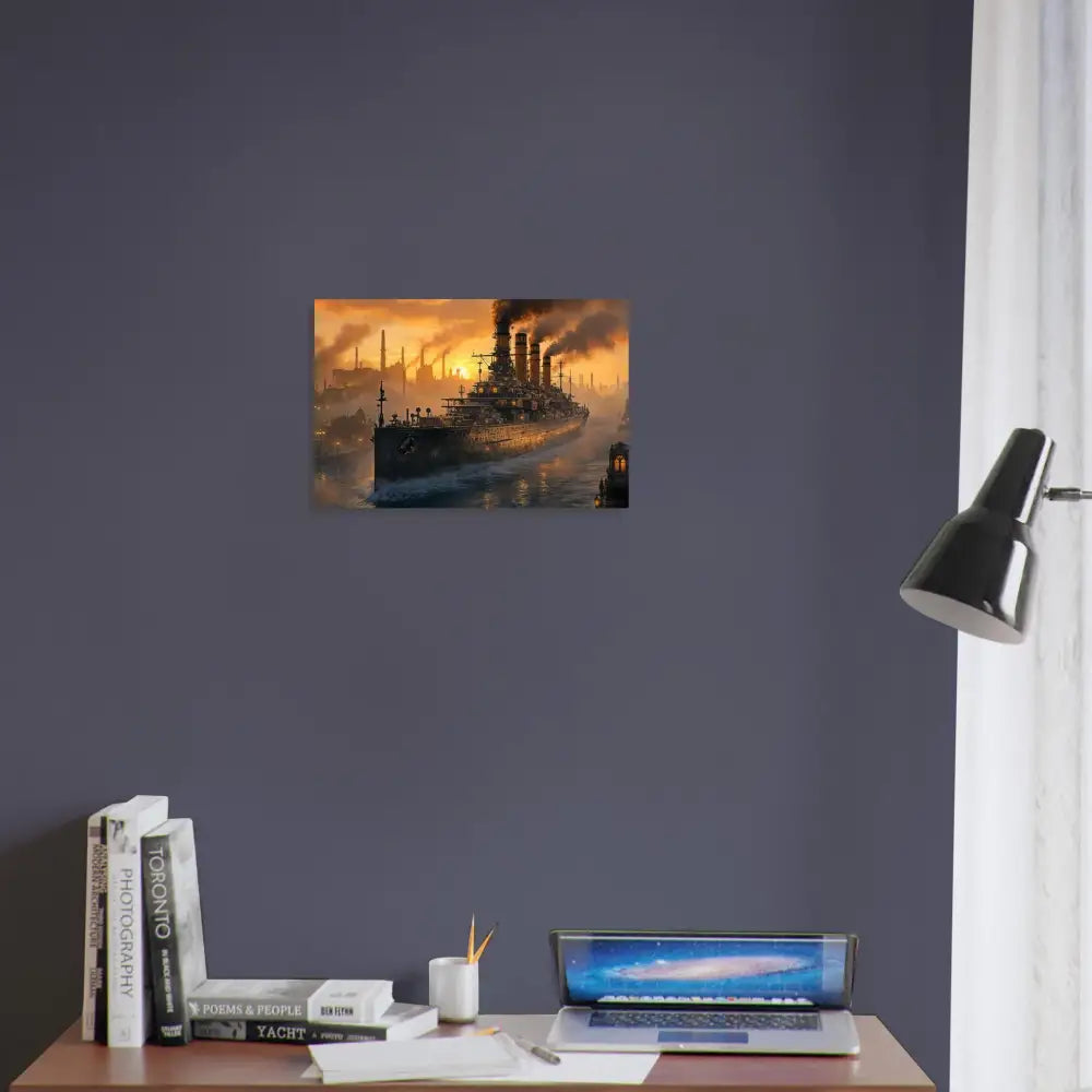 Fine art poster of a glowing steel titan sailing at dusk in a harbor scene