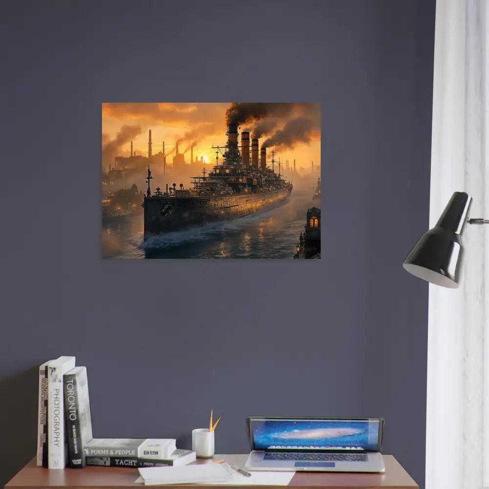Fine art poster of a glowing steel titan battleship sailing past an industrial city at sunset