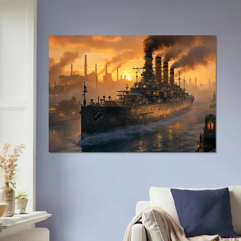 Fine art poster of a glowing steel titan sailing through industrial harbor at sunset