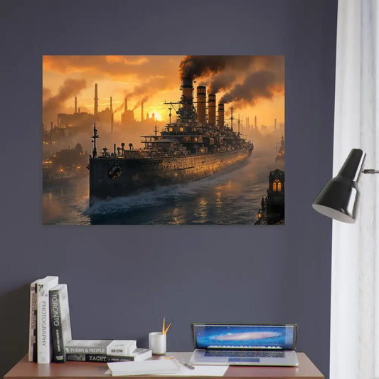 Fine art poster of a glowing steel titan sails steampunk battleship at sunset