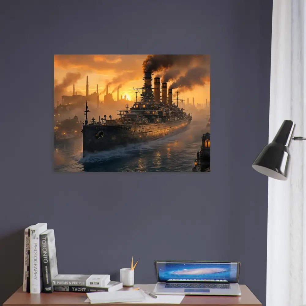 Fine art poster of a glowing steel titan battleship in a steampunk cityscape at sunset