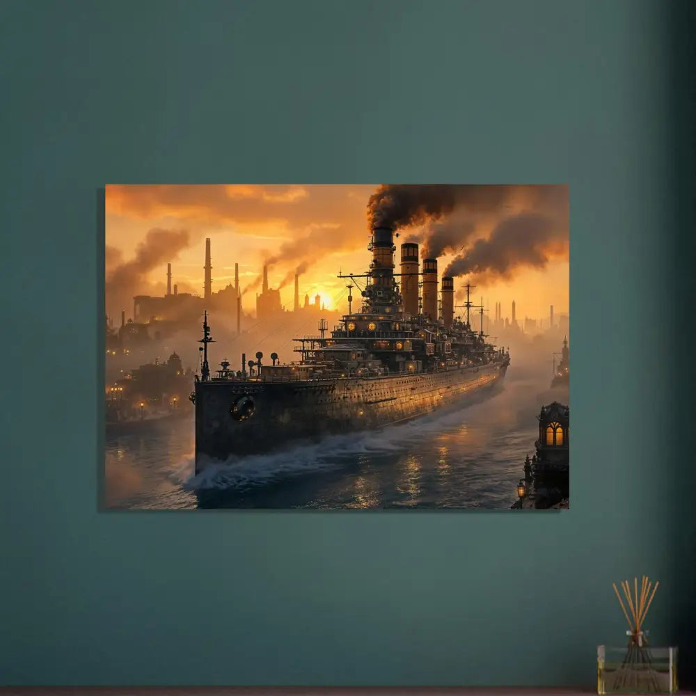 Fine art poster of glowing steel titan battleship sailing at sunset on a river