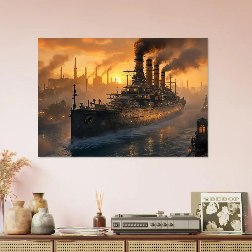 Vintage turntable with silver face and black controls for Fine Art Poster Steel Titan Sails