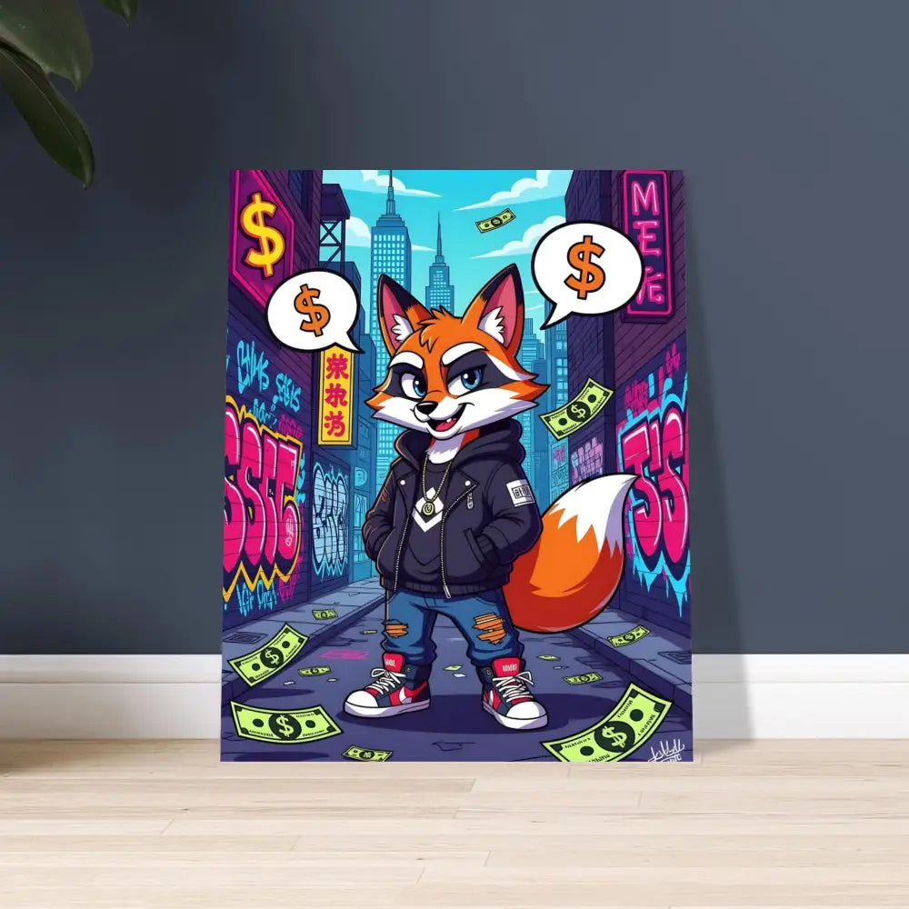 Cartoon fox in urban setting on street, urban art poster Fine Art Poster Street Hustle Fox