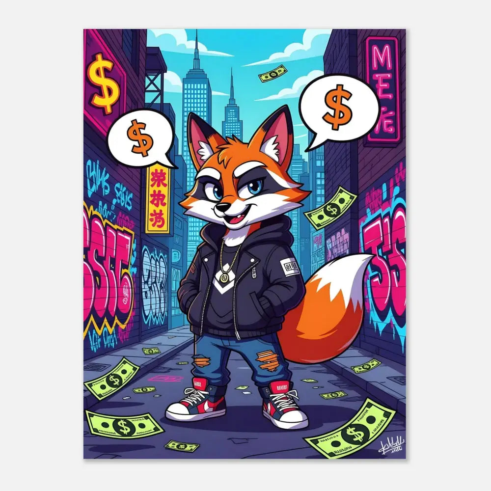 Cartoon fox in urban setting on PixiOnyx Street Hustle Urban Edge Print poster