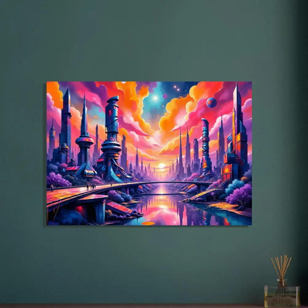 Fine art poster of futuristic cityscape with glowing towers reflect and luminous skyline hums
