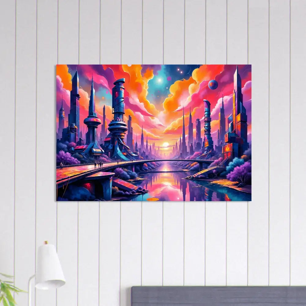 Fine art poster of futuristic cityscape with glowing towers reflect luminous skyline hums