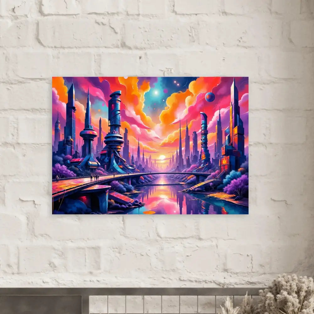 Vibrantly colored futuristic city artwork with glowing towers reflect a luminous skyline hums