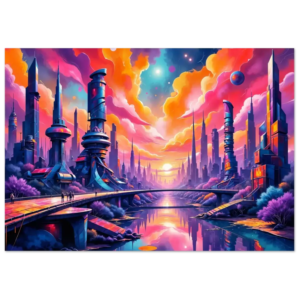Fine art poster of a luminous skyline hums with glowing towers reflect futuristic cityscape