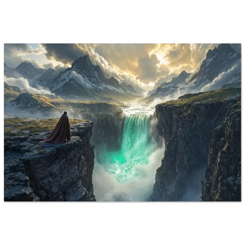 Majestic waterfall vista with cloaked figure in PixiOnyx Alpine Dreamscape poster