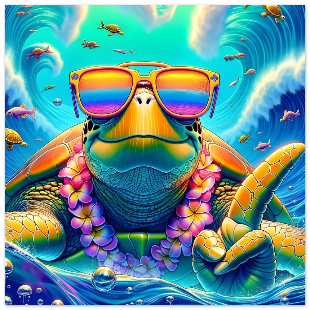 Rainbow-hued turtle wearing sunglasses and a lei displayed on Fine Art Poster Turtle-y Misunderstood Bro