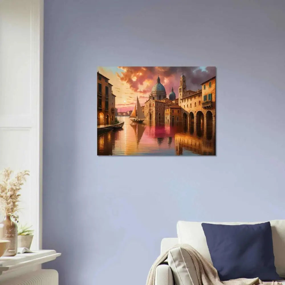 Vibrant Venetian Reverie canvas print of glowing canal dreamscape at sunset on premium matte paper