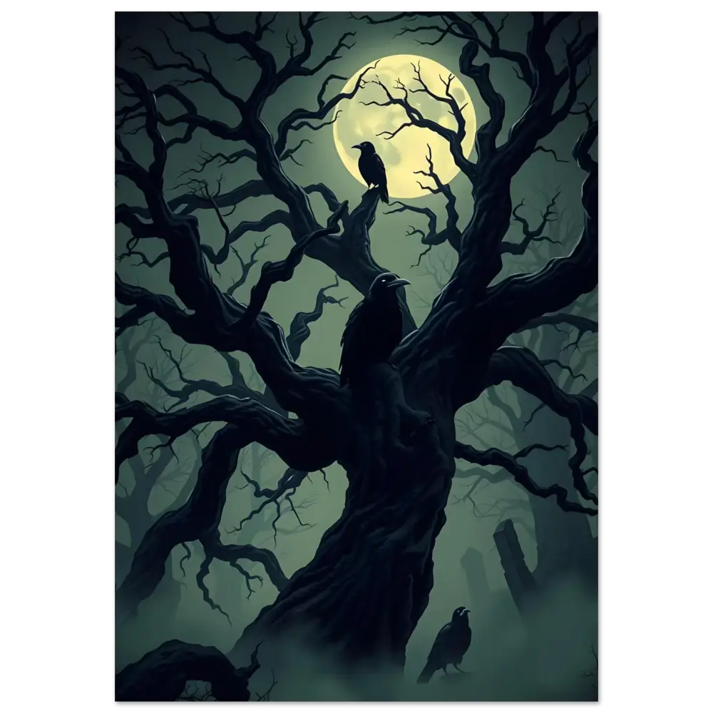 Spooky tree with ravens under a full moon in PixiOnyx Omen Series Fine Art Poster