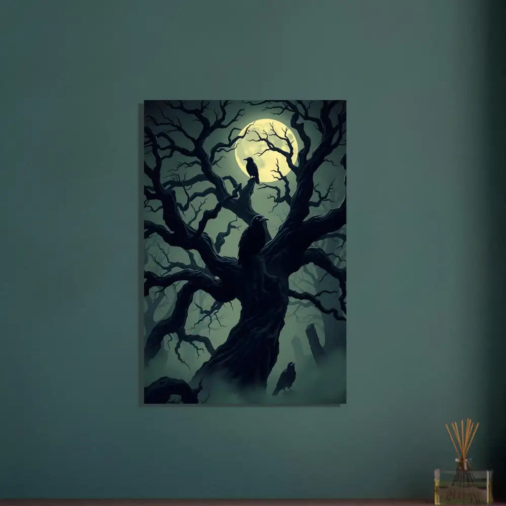 Spooky tree with crows under a full moon on Fine Art Poster Watcher of the Crooked Moon PixiOnyx Omen Series