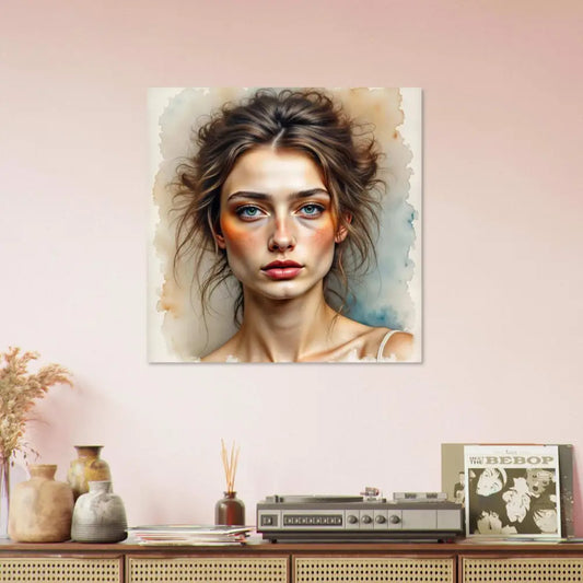 Watercolor portrait of a young woman with disheveled hair, hauntingly elegant fine art