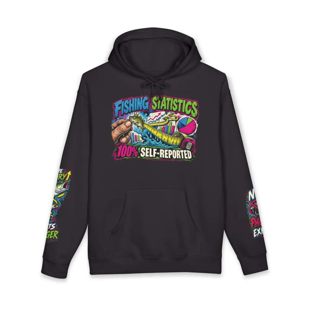 Black hoodie with colorful fishing statistics graphic and bold text fishing statistics unisex hoodie machine wash max 30c