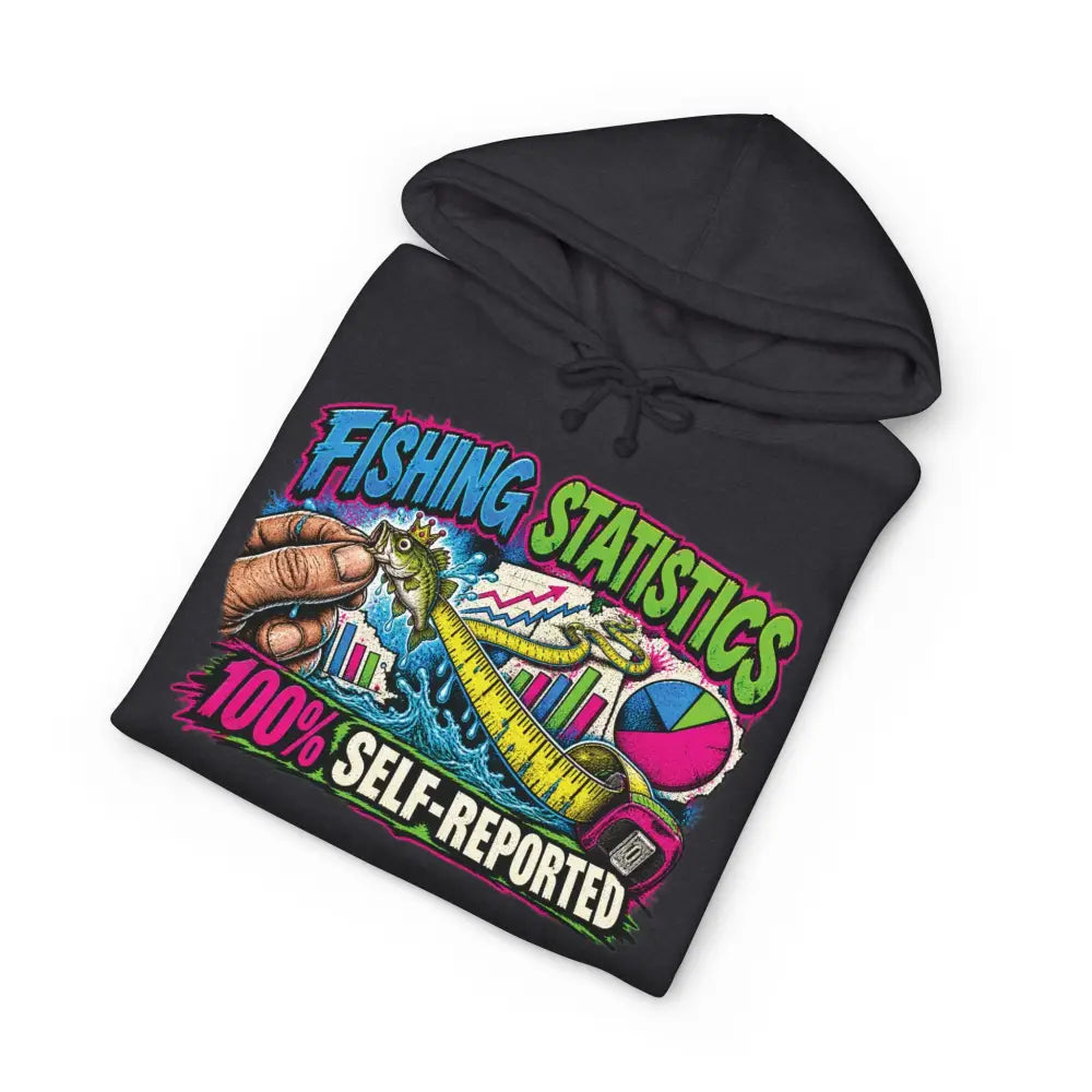 Black fishing statistics unisex hoodie with colorful graphic and charts hand holding fish machine wash max 30c care instructions