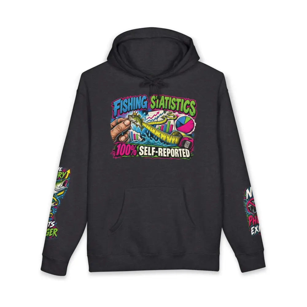 Black hoodie with vibrant fishing statistics graphic and bold text, machine wash max 30c care instructions unisex pullover