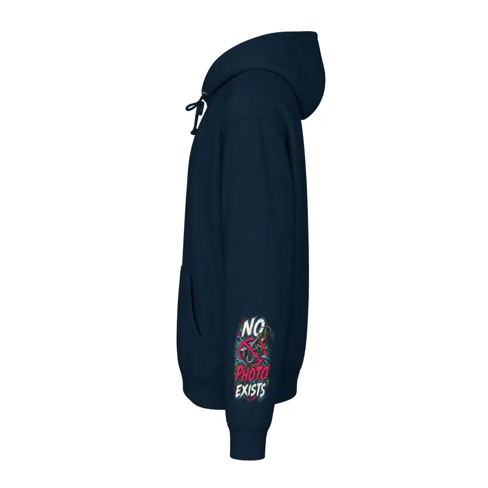Dark navy blue fishing statistics unisex hoodie with vibrant graffiti left sleeve graphic and machine wash max 30c care instructions