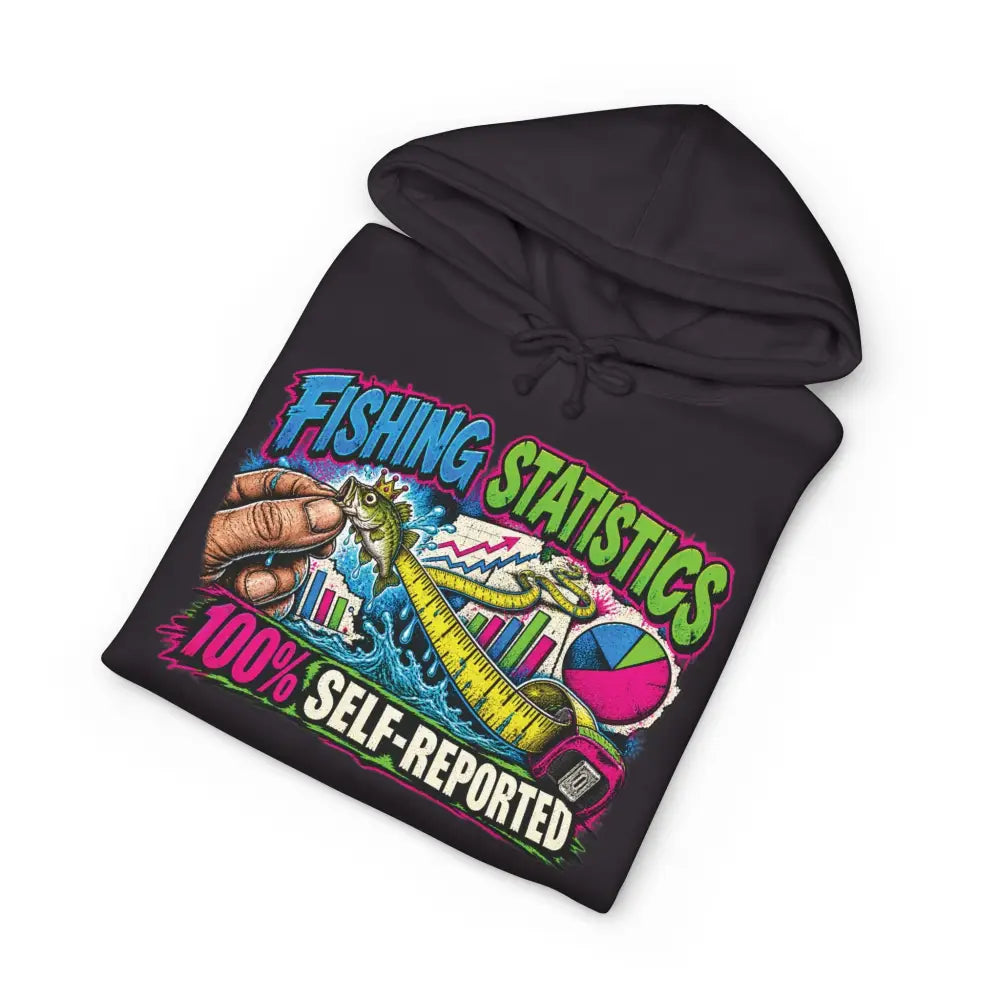Black hoodie with vibrant fishing statistics graphic fishing elements and care instructions machine wash max 30c