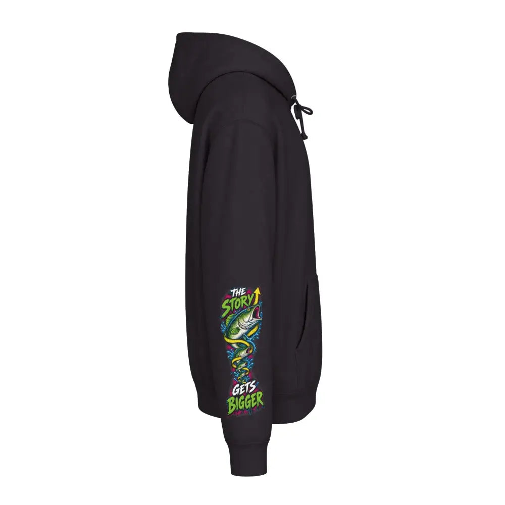 Black fishing statistics unisex hoodie with colorful fish graphic and the story gets bigger sleeve text, machine wash max 30c care instructions