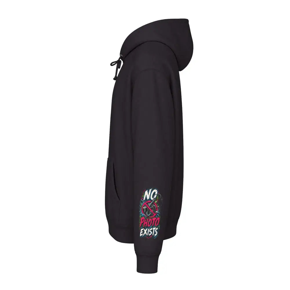 Black fishing statistics unisex hoodie with vibrant graffiti no photo exists graphic on left sleeve machine wash max 30c