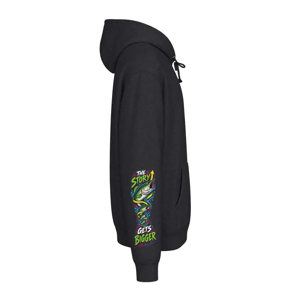 Black fishing statistics unisex hoodie with colorful fish graphic and the story gets bigger text on sleeve machine wash max 30c