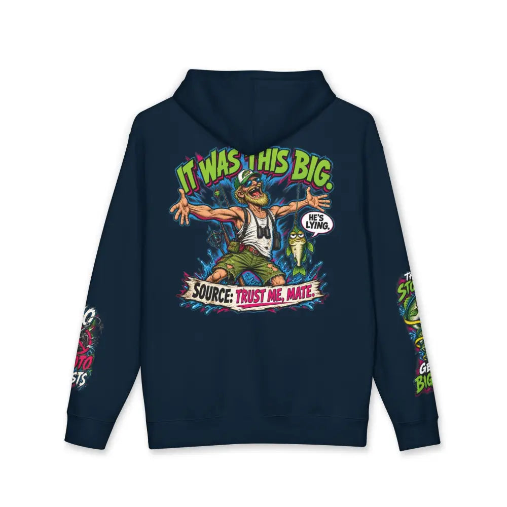 Dark navy blue unisex fishing statistics hoodie with vibrant fisherman graphic and care instructions machine wash max 30c