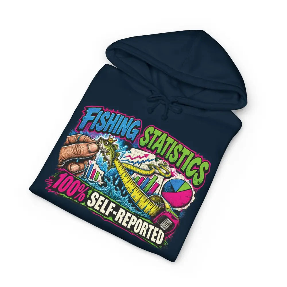 Navy blue fishing statistics unisex hoodie with vibrant graphic care instructions machine wash max 30c recommended