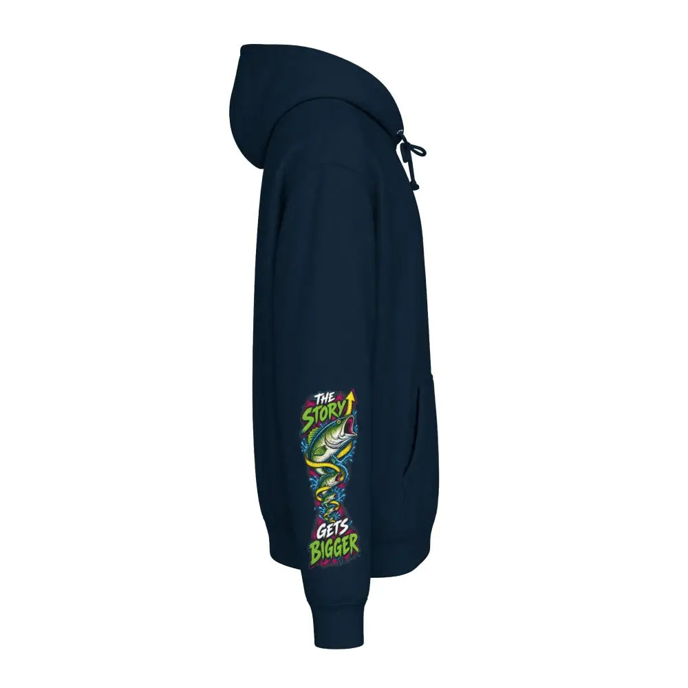 Navy blue fishing statistics unisex hoodie with vibrant fish graphic and the story gets bigger text on sleeve machine wash max 30c