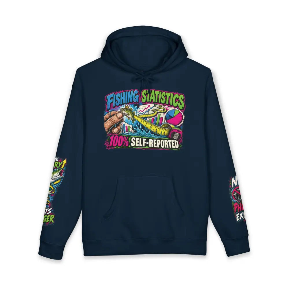 Dark navy blue fishing statistics unisex hoodie with vibrant cartoon fishing gear graphic machine wash max 30c care instructions
