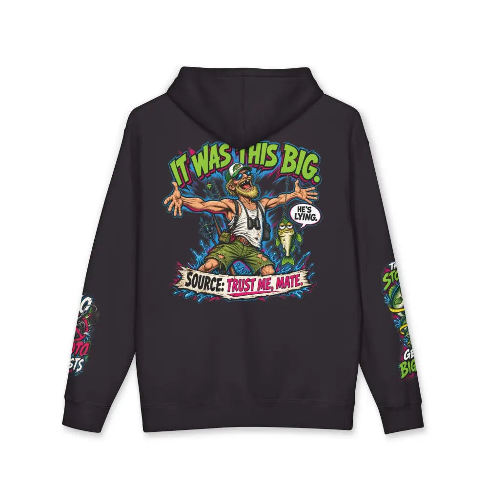 Black fishing statistics unisex hoodie with cartoon bearded man graphic and care instructions machine wash max 30c