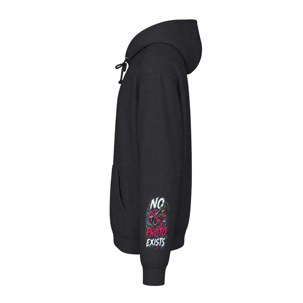 Black fishing statistics unisex hoodie with vibrant graffiti style no photo exists graphic on left sleeve machine wash max 30c