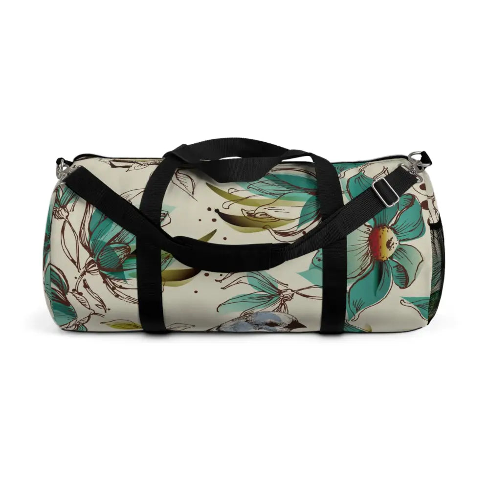 Floral duffel bag with black straps, perfect travel companion, robust with multiple compartments