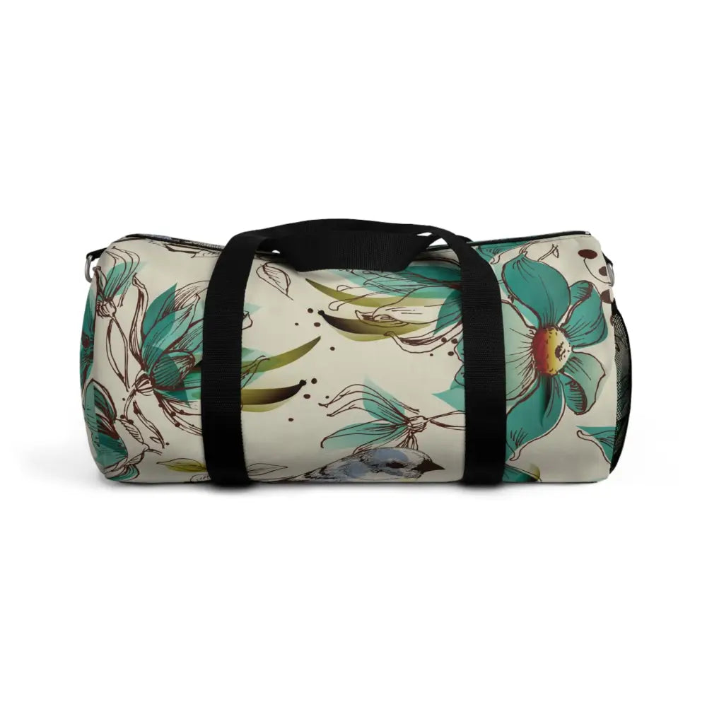 Cylindrical floral duffel bag with multiple compartments, perfect travel companion for nature lovers