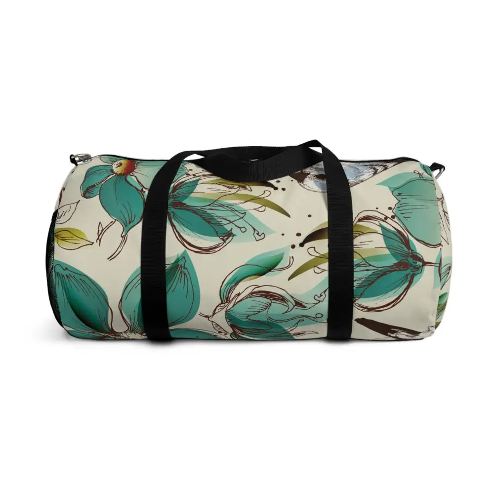 Floral print duffel bag with black straps, perfect travel companion, robust with multiple compartments