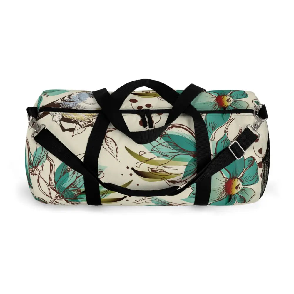 Cream-colored floral duffel bag with multiple compartments, perfect travel companion for gym and getaways